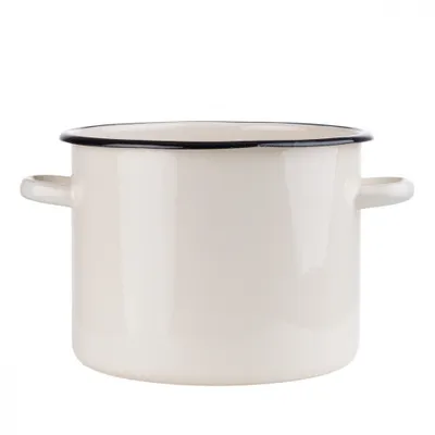 A plain white background with a beige enamel pot.