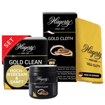 Produktbild von Hagerty Set Gold Clean Goldbad + Gold Cloth Goldputztuch zur Reinigung von Gelbgold Weißgold Rosegold Rotgold I Goldschmuck Reiniger I Glanz & Pflege