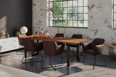 Produktbild von 7tlg. Tischgruppe Laurina 160 x 85 cm, Akazienholz massiv & nougatfarben, Esstisch mit U-Gestell schwarz lackiert, echte Baumkante + 6X Esszimmerstuhl Kirin in Wildleder-Optik