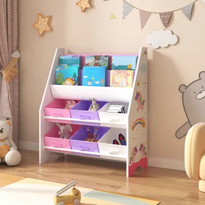 Produktbild von Kinderregal ‘Ponteceso’ mit 2 Ablagefächern und 6 Faltboxen Einhorn-Motiv 74 x 62 x 26,5 cm