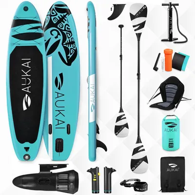 Zdjęcie produktu dla Deska surfingowa Stand Up Paddle Board 320 cm z silnikiem elektrycznym i siedziskiem kajakowym, wiosłem i podwójnym wiosłem SUP nadmuchiwana deska surfingowa paddleboard - Ocean turkusowy
