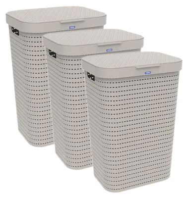 Produktbild von Rotho 3er-Set Wäschesammler 55 L Country - Wäschekorb groß - Wäschetruhe 42,0 x 32,0 x 57,2 cm - Wäschebox mit Deckel - Wäsche Sammler aus Kunststoff