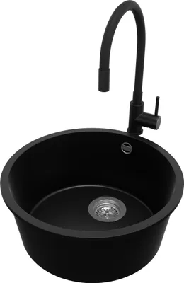Produktbild von PRIMAGRAN Unterbauspüle Granit Schwarz 46x46cm, Spülbecken 1 Becken + Küchenarmatur 40x38cm + Ablauf-Set, Granitspüle ab 50er Unterschrank - Valletta