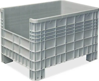Produktbild von Palettenbox mit Aussenrippen und 4 Füßen, Zuschnitt an einer Stirnseite, Außenmaße LxBxH 1170 x 800 x 800 mm, grau