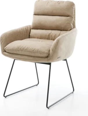 Produktbild von DELIFE Esszimmerstuhl Abelia-Flex mit Armlehnen Mikrofaser Beige Vintage Kufengestell Schwarz