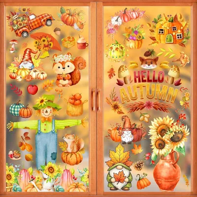 Produktbild von 9 Blätter Fensterbilder Herbst, Vogelscheuche Zwerg Fuchs | Herbstdeko Fenster Selbstklebend Aufkleber, Wiederverwendbare Fenstersticker Herbst