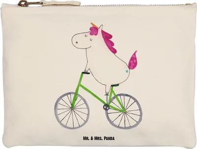 Produktbild von Mr. & Mrs. Panda Mäppchen Einhorn Radfahrer Größe M - Weiß - Geschenk, Unicorn, Radfahren, Pouch, Kosmetiktasche, Make-Up Tasche, Bike, Schlampermäppchen, Stoffbeutel
