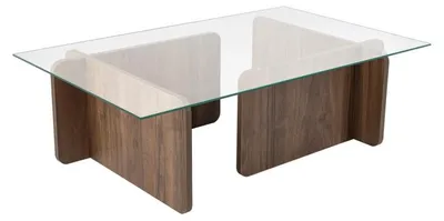 Image de Table basse de salon en verre trempé et bois MDF mélaminé noyer 105 x 65 x 30 cm