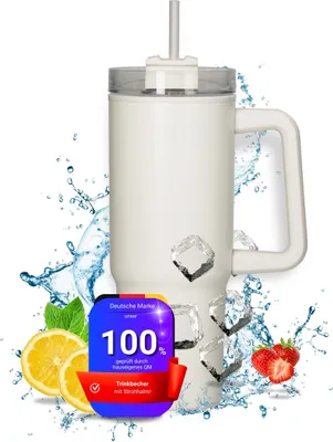 Produktbild von Vakuumbecher "Tampa" 800 ml - Edelstahl Thermobecher für Heiß-& Kaltgetränke - Trinkflasche inkl. Strohhalm und Griff - Thermosflasche eignet sich perfekt für unterwegs weiß/creme