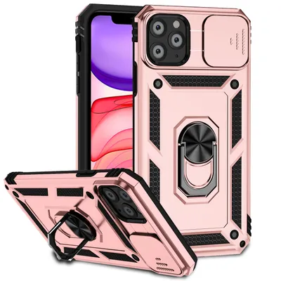 Obrázek produktu pro Pouzdro pro iPhone 11 Pro dvouvrstvé pouzdro s posuvným krytem kamery a prstencovým stojánkem Růžový