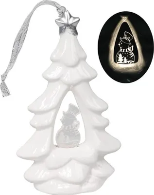 Zdjęcie produktu dla Choinka ceramiczna z podświetlanym bałwankiem LED, biała, 15 cm.