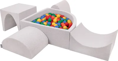 Produktbild von KiddyMoon spielplatz aus schaumstoff mit viertel eckig bällebad (300 bälle) hindernisläufe, hellgrau:gelb/grün/blau/rot/orange
