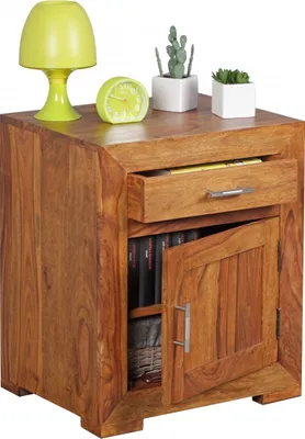 Produktbild von Wohnling Nachttisch Massivholz Sheesham Design Nachtkommode 60 cm mit Schublade und Tür Nachtschrank für Boxspringbett WL1.761