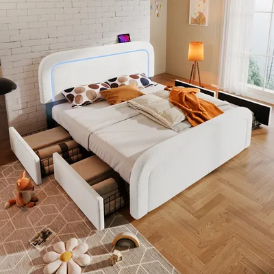 Produktbild von okwish Polsterbett Doppelbett 140 x 200 cm mit USB-Ladeanschluss und LED-Beleuchtung, Funktionelles Stauraumbett mit 4 Schubladen und Höhenverstellbarem Kopfteil(Ohne Matratze)- Weiß