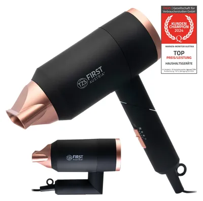 Produktbild von TZS First Austria Haartrockner, 1800 W, Reisefön, klappbar, schonendes Styling, Ionen-Funktion, gleichmäßige Wärmeverteilung, 2 Heizstufen, schwarz-rosé