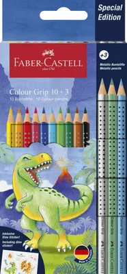 Immagine prodotto di FABER-CASTELL 201545 Matite colorate Jumbo GRIP Dino - 10+3 colori, scatola di cartone incl. adesivi di dinosauri