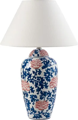 Zdjęcie produktu dla BELIANI Lampa stołowa biało-niebieska porcelanowa podstawa lniany materiałowy klosz z kwiecistym wzorem oświetlenie stylowa