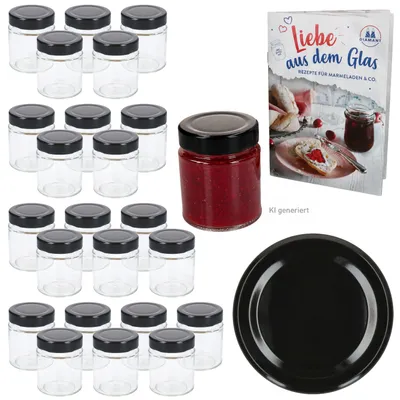 Produktbild von 24er Set Marmeladenglas 161ml Deep Deckel Schwarz & Heft Hochrandglas