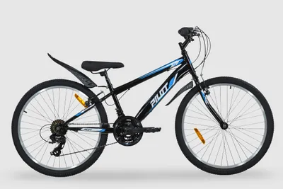 Image de Vélo de montagne Pilot, 24 pouces, VTT, 21 vitesses Shimano, freins V-Brake, cadre en acier, fourche à suspension, pneus de 1,95 pouces, couleur noire et bleue