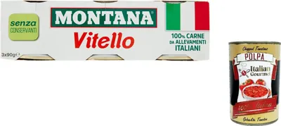 Produktbild von 12x Montana Vitello Kalbfleisch in Aspik dosen 3x 90g 100% Italienisch Fleisch + Italian Gourmet polpa 400g