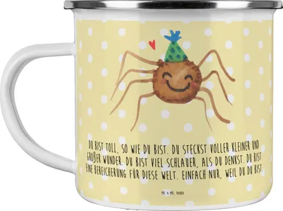 Produktbild von Mr. & Mrs. Panda Emaille Tasse Spinne Agathe Party - Gelb Pastell - Geschenk, Kaffeepott, Glück, Becher, Motivation, Selbstliebe, Motivtasse, Wunder, Teetasse, Pott