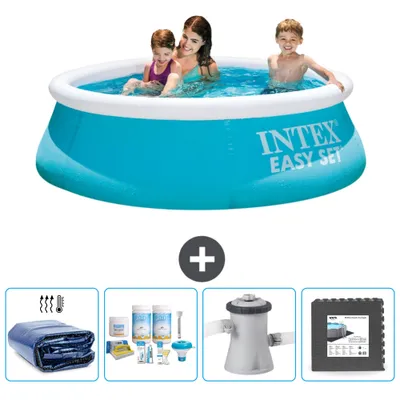 Immagine prodotto di Piscina gonfiabile rotonda Easy Set Intex – 183 x 51 cm – Blu – Incluso nella confezione Tenda parasole - Kit di manutenzione - Pompa filtro per piscina - Piastrelle per pavimento