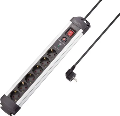 A power strip with multiple outlets and a surge protector.