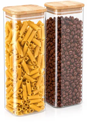 Productafbeelding van Arendo voorraadpotten met bamboe deksel, 2 stuks van 2250 ml, luchtdicht met siliconen afdichting, rechthoekige glazen containers van borosilicaatglas, geschikt voor temperaturen van -40 tot 400 °C, transparant