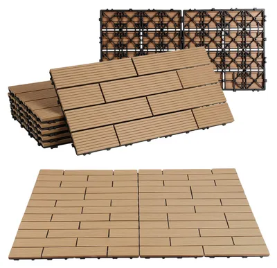 Obrázok produktu pre Peviasot, terasové dlaždice WPC, 4 m², 30 x 60 cm, 24 kusov. Terasové dosky s 10 lamielami s dreveným vzhľadom, vhodné na terasy, balkóny a podlahy v záhrade. S odvodňovacím systémom a systémom jednoduchého zacvakávania. Farba: Teak
