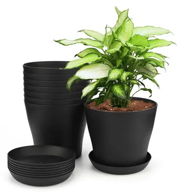 Immagine prodotto di Set di 8 vasi da fiori in plastica, diametro 14 cm, con sottovaso, colore nero