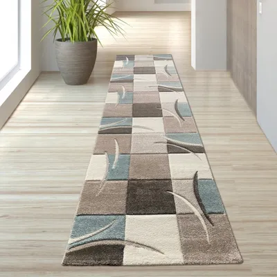 Produktbild von Designer Teppich mit Konturenschnitt Karo Muster Pastellfarben Blau Creme Beige Dunkelgrau Größe - 80 x 300 cm