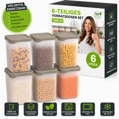 Produktbild von 6x Vorratsdosen 1000ml stapelbar mit Deckel - BPA-frei ,spülmaschinengeeignet, mikrowellenfest frostsicher - für Küche Lebensmittel Mehl Tierfutter