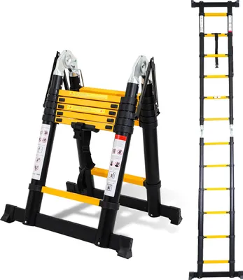 Produktbild von Bettizia Aluminium Teleskopleiter 3,8M schwarz, Leiter Ausziehbar Klappleiter, Mehrzweckleiter, Stehleiter, Haushaltsleiter, Außenleiter, 150 kg Belastbarkeit