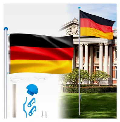 Produktbild von Aluminium Fahnenmast 6,50 m mit Deutschlandflagge, Seilzug und Bodenhülse, witterungsbeständig und höhenverstellbar für den Außenbereich