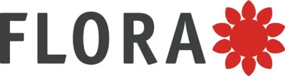The image shows the word "FLORA" in large gray letters, followed by a red stylized flower icon.