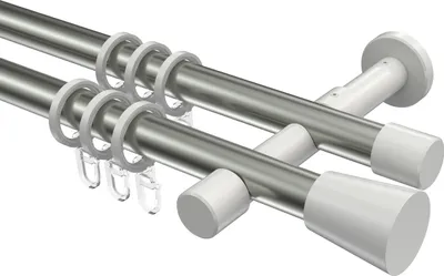 Produktbild von Interdeco Gardinenstange / Vorhangstange Edelstahl-Optik / Weiß, Typ Prestige Sitra (Konus), 20 mm Ø 2-läufig, 120 cm