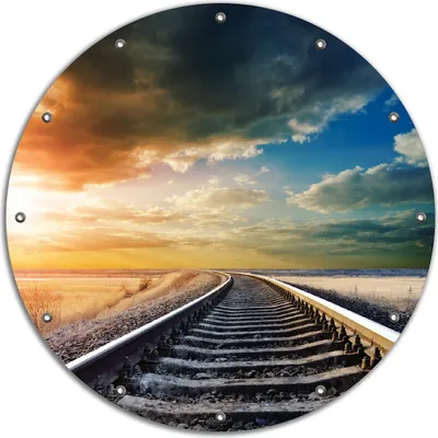 Produktbild von Wallario rundes Outdoor-Poster für Garten oder Balkon, Motiv Bahnschienen ins Ungewisse, 90 cm Durchmesser