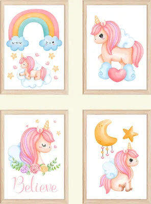 Produktbild von Einhorn Regenbogen 4er Set Kinderzimmer Bilder DIN A4 Poster Babyzimmer Wandbilder Dekoration