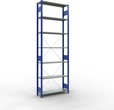 Produktbild von Schulte Fachbodenregal MULTIplus150 Stecksystem | Grundregal | HxBxT 300x100x30cm | 7 Ebenen | Fachlast 150kg | Enzianblau/Verzinkt