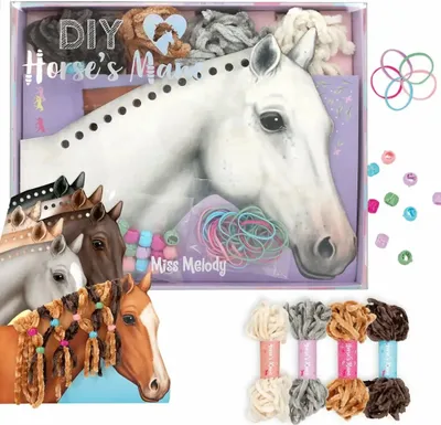 Produktbild von Fecht-Set Miss Melody DIY Pferdemähne, 8 verschiedene Kartinagen in Pferdekopf-Form mit, Lochstanzungen, 4 verschiedenfarbige Wollfäden, bunte Gummibänder und Clips
