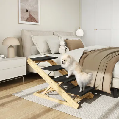 Produktbild von Hundetreppe & Hunderampe 2-in-1 höhenverstellbar, Kiefernholz rutschfest klappbar, Naturholz | 83 x 40 x 62,5 cm | 4 Höhen bis 62,5 cm | bis 40 kg