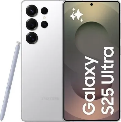 A white Samsung Galaxy S25 Ultra smartphone with its stylus is shown against a white background. The screen displays marketing text and graphics.