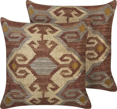 Produktbild von BELIANI Zestaw 2 poduszki wielokolorowe juta bawełna 45 x 45 cm geometryczny wzór ręcznie wykonana zdejmowana poszewka wypełnienie