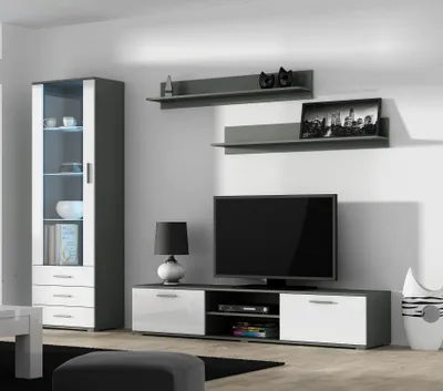 Produktbild von Furniture24 Wohnwand SOHO 1 mit Blauer LED Beleuchtung, Anbauwand, Wohnzimmerschrank, Schrankwand, Vitrine, Lowboard, HängeregalGrau/Weiß Hochglanz