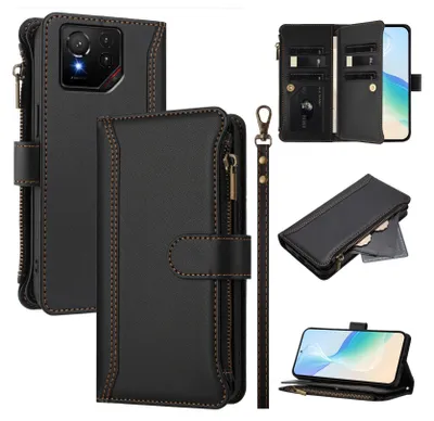 Obrázek produktu pro Pouzdro pro Asus ROG Phone 9, zipem, peněženkovéPolyuretankožené flip pouzdro s kapsami na karty, stojánkem a poutkem na ruku černý