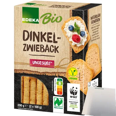 Produktbild von Edeka  Dinkel-Zwieback ungesüßt mit 93% Dinkelmehl gebacken (200g Packung) + usy Block