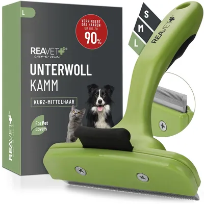 Produktbild von REAVET Unterwollkamm für Hunde & Katzen Kurzhaar I Große Rassen (Größe L) I Entfernt Unterwolle, Pflegt das Deckhaar I mit Selbstreinigungsknopf I Katzen-Kamm Hunde-Kamm ideal zum Fellwechsel