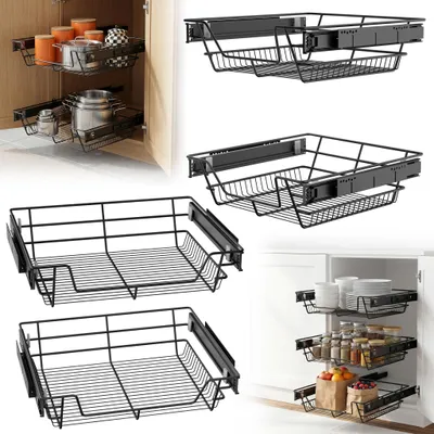 Produktbild von JOIEYOU 4X Teleskopschublade Küchenschrank Korb, Schrankauszug Metall mit Vollauszug, Drahtkorb für 60 cm Schränke, Nachrüstbarer Korbauszug, Schwarz