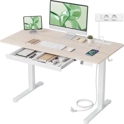 Imagen del producto de Escritorio de altura ajustable con enchufes y cajón, de 120 x 60 cm