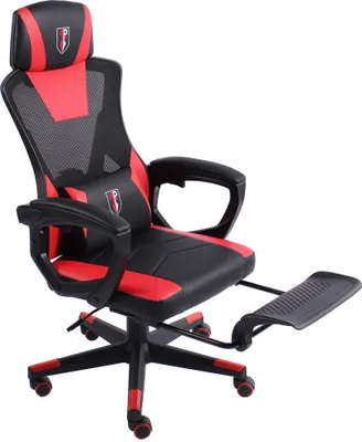 A gaming chair with a black and red color scheme, shown from a side-angle.